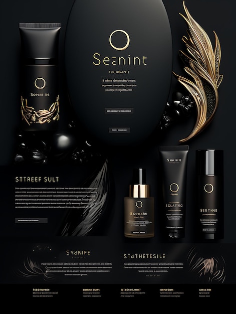 Sito web del marchio di cura dei capelli di lusso per donne elegante nero e oro colore T Layout Design Concept Idea