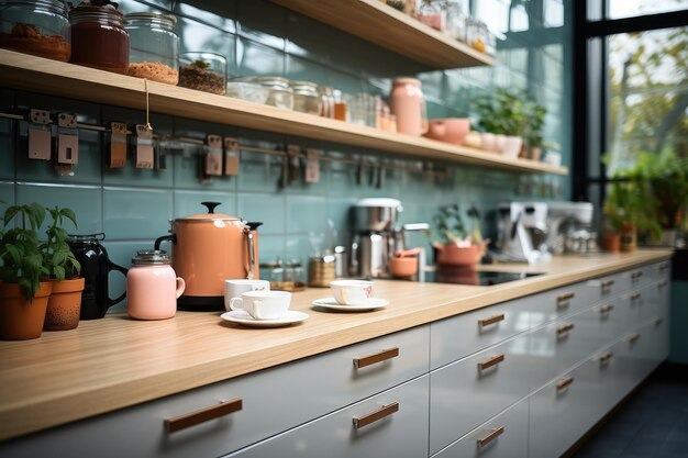 Situazione di cucina moderna con sfondo sfocato fotografia pubblicitaria professionale