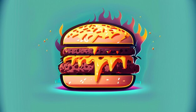 Sizzling Delight Free Vector Burger Formaggio con fuoco Cartoon Icon Illustrazione Oggetto alimentare allettante