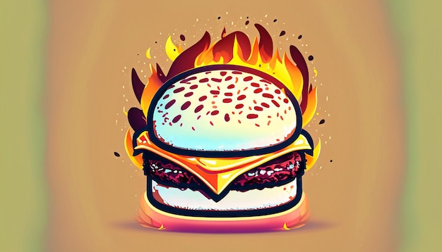 Sizzling Delight Free Vector Burger Formaggio con fuoco Cartoon Icon Illustrazione Oggetto alimentare allettante