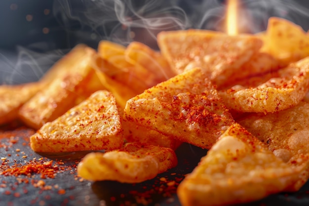 Sizzling Hot Spicy Seasoned Potato Wedges con Paprika su Superficie Oscura Concetto Fast Food Close up