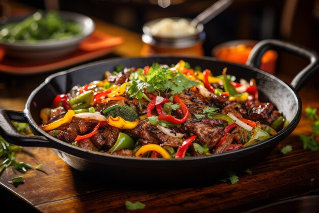 Sizzling Hot Wok con un saporito stir fry di verdure colorate e carne di manzo generativa AI