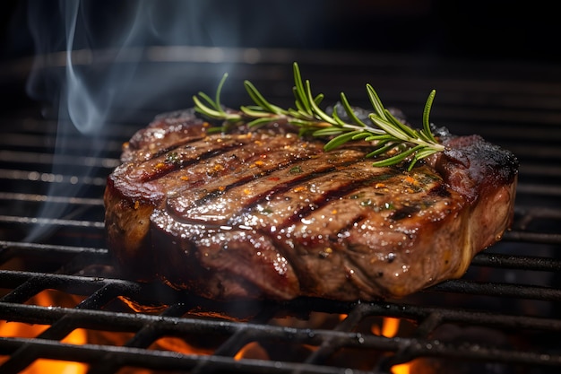Sizzling Juicy Beef Steak on the Grill con Fiamme e Rosemary BBQ Party