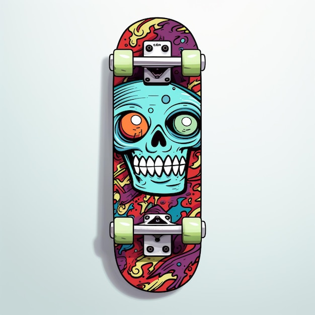 skateboard arafed con un cranio su di esso con uno sfondo colorato generativo ai