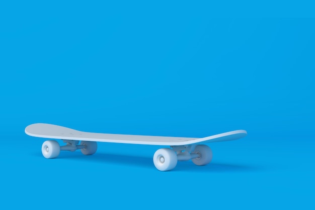 Skateboard bianco su sfondo blu brillante in colori pastello Concetto di minimalismo rendering 3D