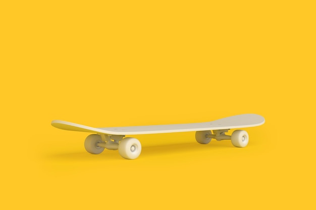Skateboard bianco su sfondo giallo brillante in colori pastello Concetto di minimalismo rendering 3D