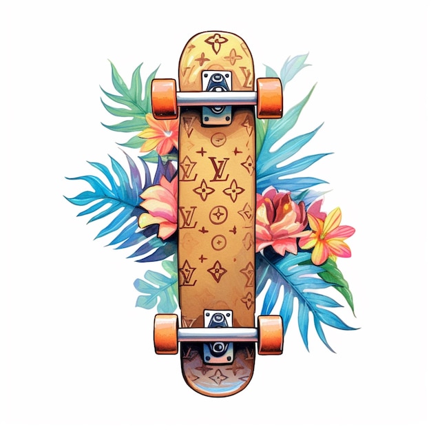 skateboard decorato con fiori e foglie su di esso ai generativi