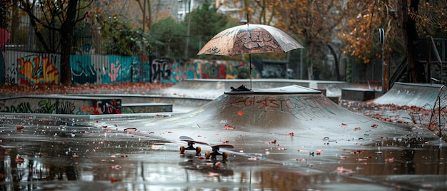 Skateboard dimenticato e bagnato dalla pioggia abbandonato in un desolato skatepark urbano