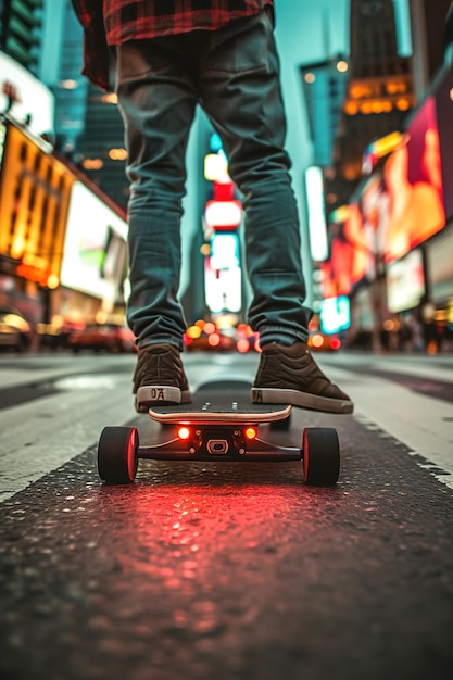 Skateboard elettrico con motori elettrici incorporati per la propulsione Skateboard in una strada di una grande città