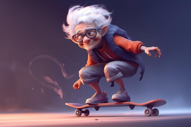 Skateboard nonna personaggio dei cartoni animati hipster Creato utilizzando strumenti di intelligenza artificiale generativa