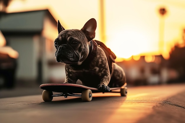 Skateboarder bulldog cane suona lo skateboard in estate sulla strada al tramonto AI generativa