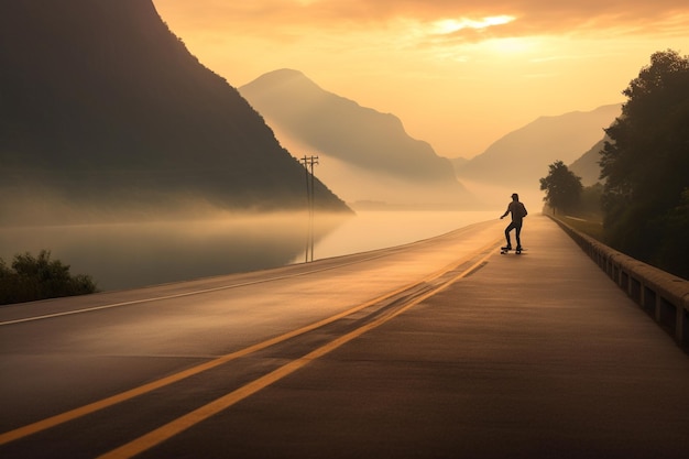 Skateboarder guida in autostrada al tramonto