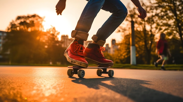 Skateboarding nel parco Skateboarder in sella a uno skateboard nel parco cittadino al tramonto