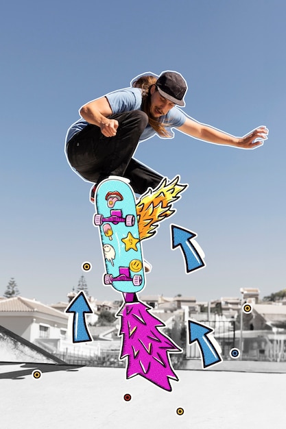 Skater full shot con elementi grafici