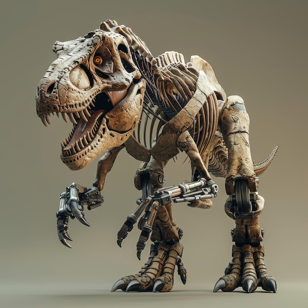 Skeletto di dinosauro che tiene la pistola