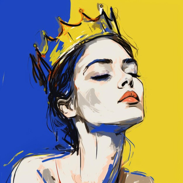 Sketch colorato di una donna con gli occhi chiusi una pop art princesscore coronata