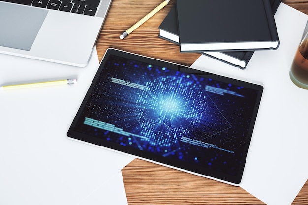Sketch del cranio di codice creativo sullo schermo di un moderno tablet digitale furto di dati personali e concetto di malware Top view 3D Rendering