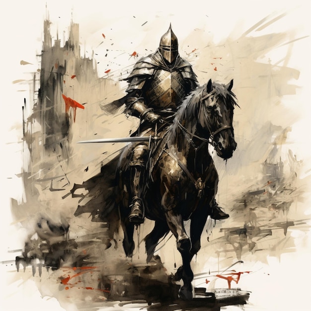 Sketch di cavaliere con tratti neri calligrafia immagine di cavallo arte generata dall'AI 03