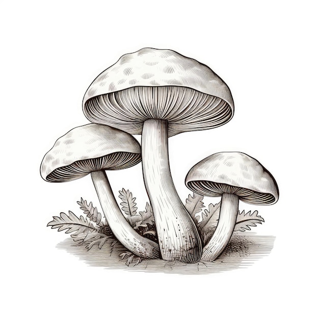 Sketch di funghi incisione di funghi disegnati a mano disegnati funghi isolati su sfondo bianco Illustrazione generativa di IA