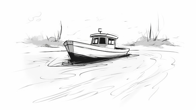 Sketch di una barca di cartoni animati minimalista che guida verso lo spettatore