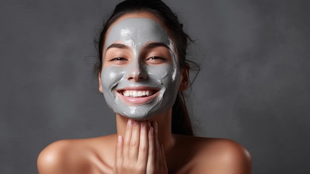 Skincare wellness e mano sul viso di una donna in studio per la pulizia cosmetica e risultati su sfondo grigio