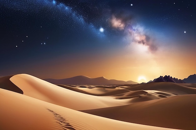 Sky Starry NightRamadan Background Sunset con Desert Sand DuneBeautiful Universe Spazio della galassia con paesaggio della Via Lattea