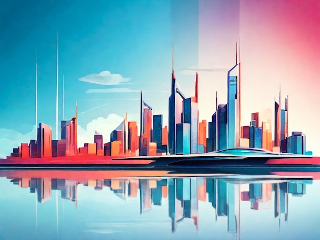 Skyline astratto dell'edificio della città area metropolitana in stile di colore contemporaneo ed effetti futuristici Immobiliare e sviluppo immobiliare Concepto architettonico e ingegneristico innovativo