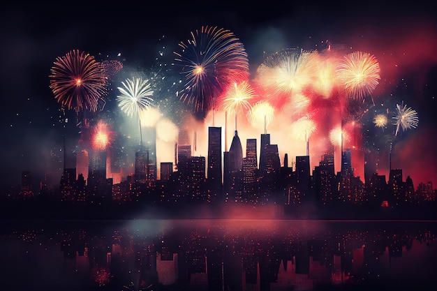 Skyline con fuochi d'artificio che esplodono in alto e le luci della città scintillano