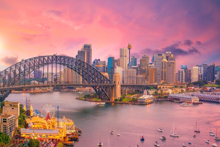 Foto skyline del centro di sydney in australia al crepuscolo