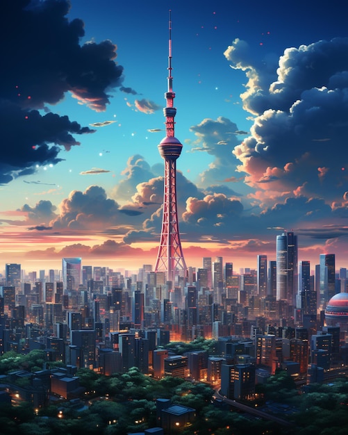 skyline della città anime con un'alta torre e un cielo nuvoloso ai creativo