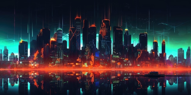 Skyline della città cyberpunk neon su sfondo scuro bellissimo AI generativo AIG32