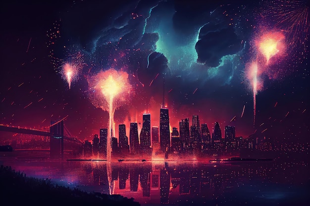 Skyline della città di notte con fuochi d'artificio che esplodono nel cielo