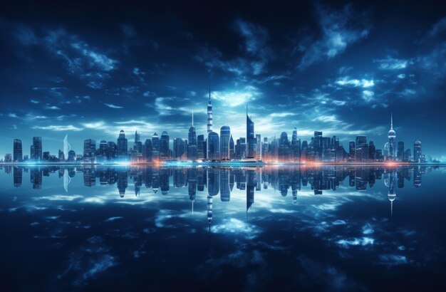 skyline della città futuristica di notte con le luci blu che brillano in lontananza