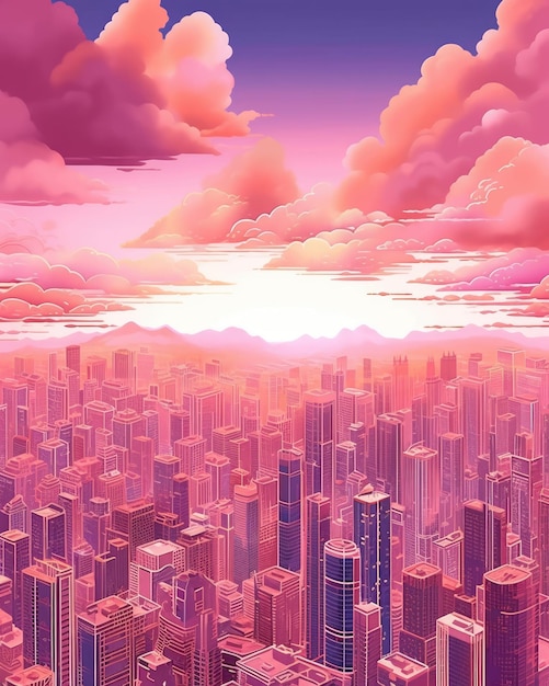 Skyline della città illuminato dalle sfumature rosa del tramonto IA generativa