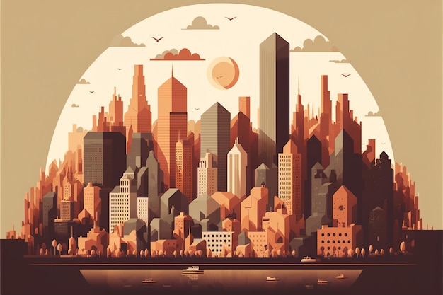 Skyline della città Illustrazione del design piatto colori tenui e terrosi armonia ed equilibrio IA generativa