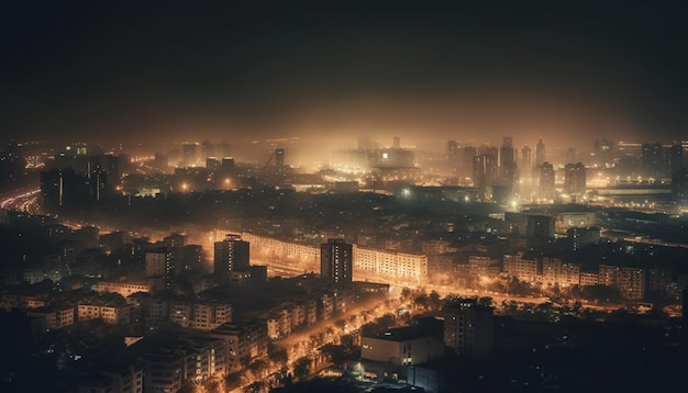 Skyline della città incandescente riflesso nell'acqua blu generata dall'intelligenza artificiale