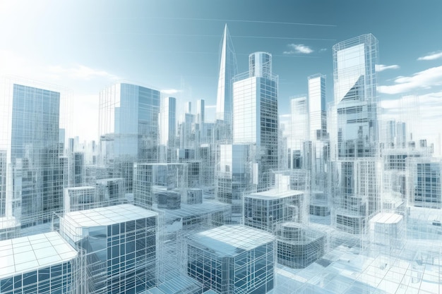 Skyline della città moderna con grattacieli torreggianti contro un cielo blu chiaro IA generativa