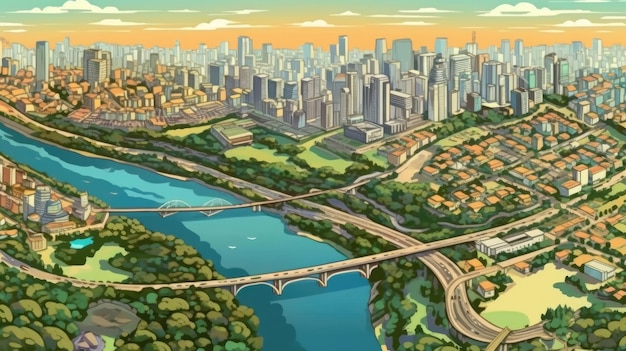 Skyline della città, parchi fluviali e ponti. AI generativa