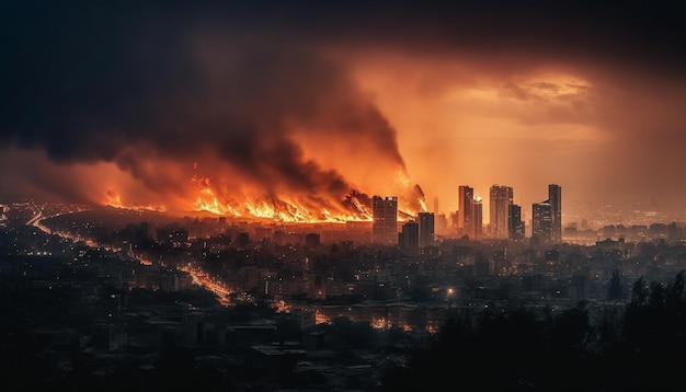 Skyline della silhouette che brucia con una pericolosa distruzione infuocata generata dall'IA