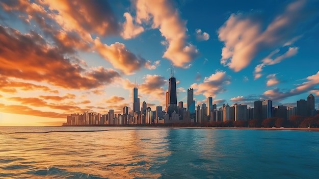 Skyline di Chicago al tramonto Illinois Stati Uniti IA generativa