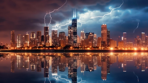 Skyline di Chicago con fulmine