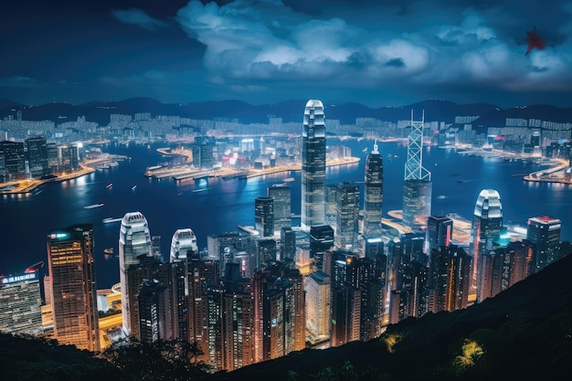 Skyline di Hong Kong di notte Hong Kong è il più densamente popolato dei cinque distretti di Hong Kong Vista della città di Hong Kong da The Peak al crepuscolo Generato dall'intelligenza artificiale
