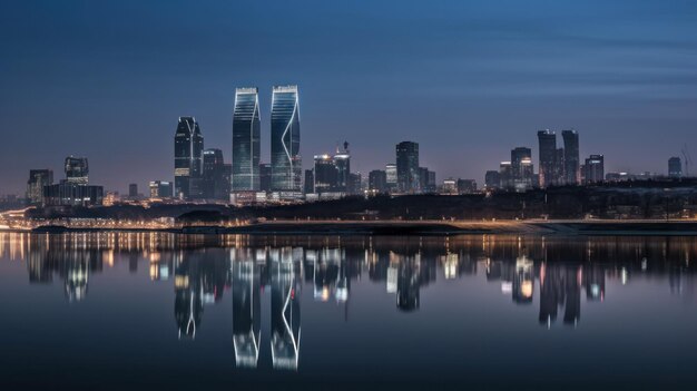 Skyline panoramico e moderni edifici commerciali con strada asfaltata vuota ai generativa