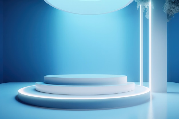 Sleek and Modern 3D Render of Pristine White Podium on Vibrant Blue Background HighEnd Showcase for Products and Services