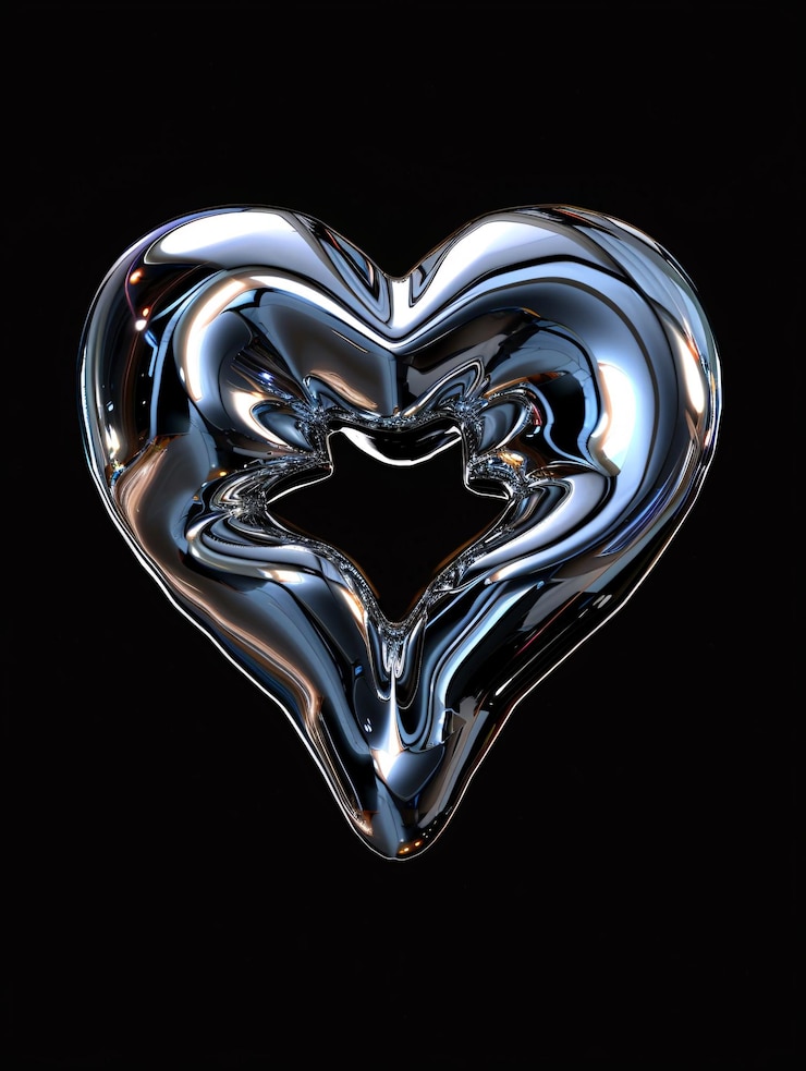 Photo sleek metallic 3d figures in a futuristic aesthetic featuring a silver star flower and melted liquid on a dark backdrop
