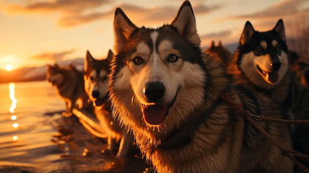 Slitta trainata da cani sul lago ghiacciato al tramonto