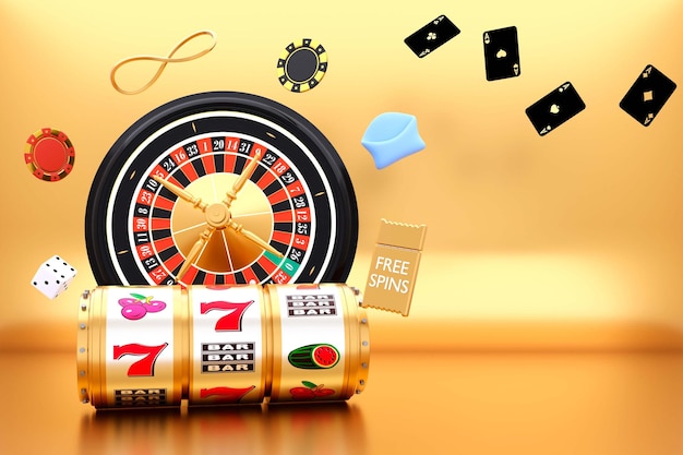 Slot machine 3D del casinò online e ruota della roulette su fondo oro Carte da gioco asso Flying chips