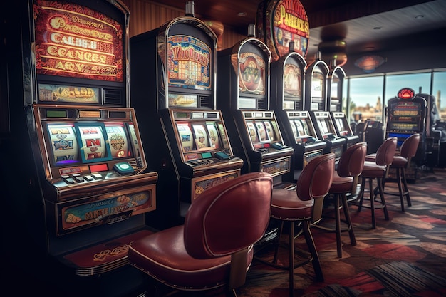 Slot machine in un casinò con la parola casinò in alto