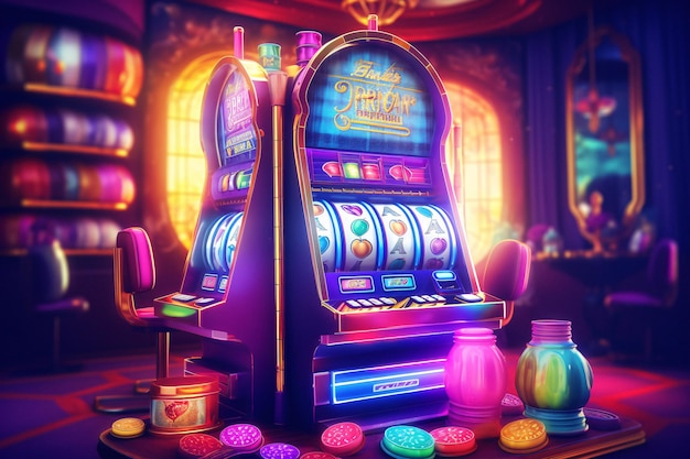 Slot machine vibrante con un mucchio delle monete un'affascinante Immagine Stock Alimentato da AI generativa