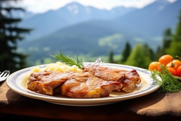 Slow Cooker Pork Chops per il pranzo sul tavolo di legno con configurazione all'aperto e sfondo della natura collinare